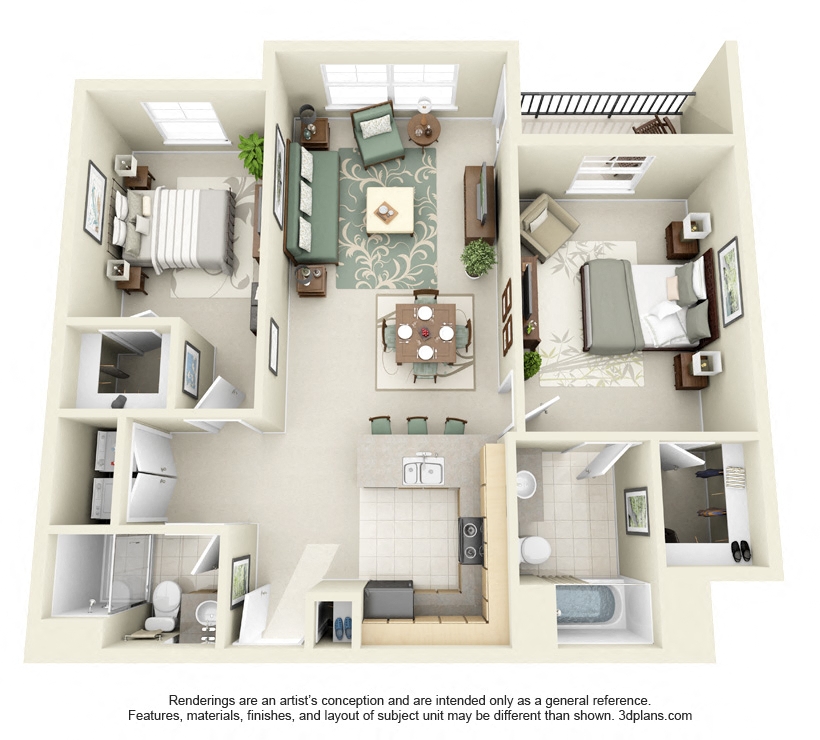 Floor plan for 2 beds, 2 baths, 1053 sqft